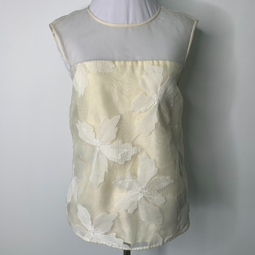 Rebecca Taylor Women's Cream Floral Embroidered Sleeveless Organza Top Size 2